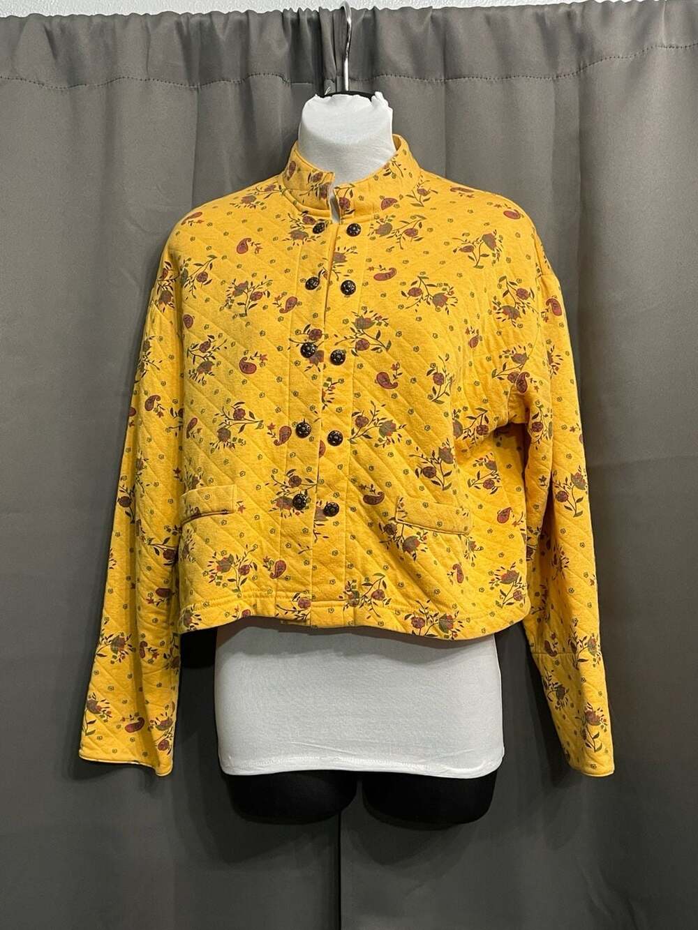 Yasmin Vintage Quilted Floral Print Yellow Button-Up Jacket Size M